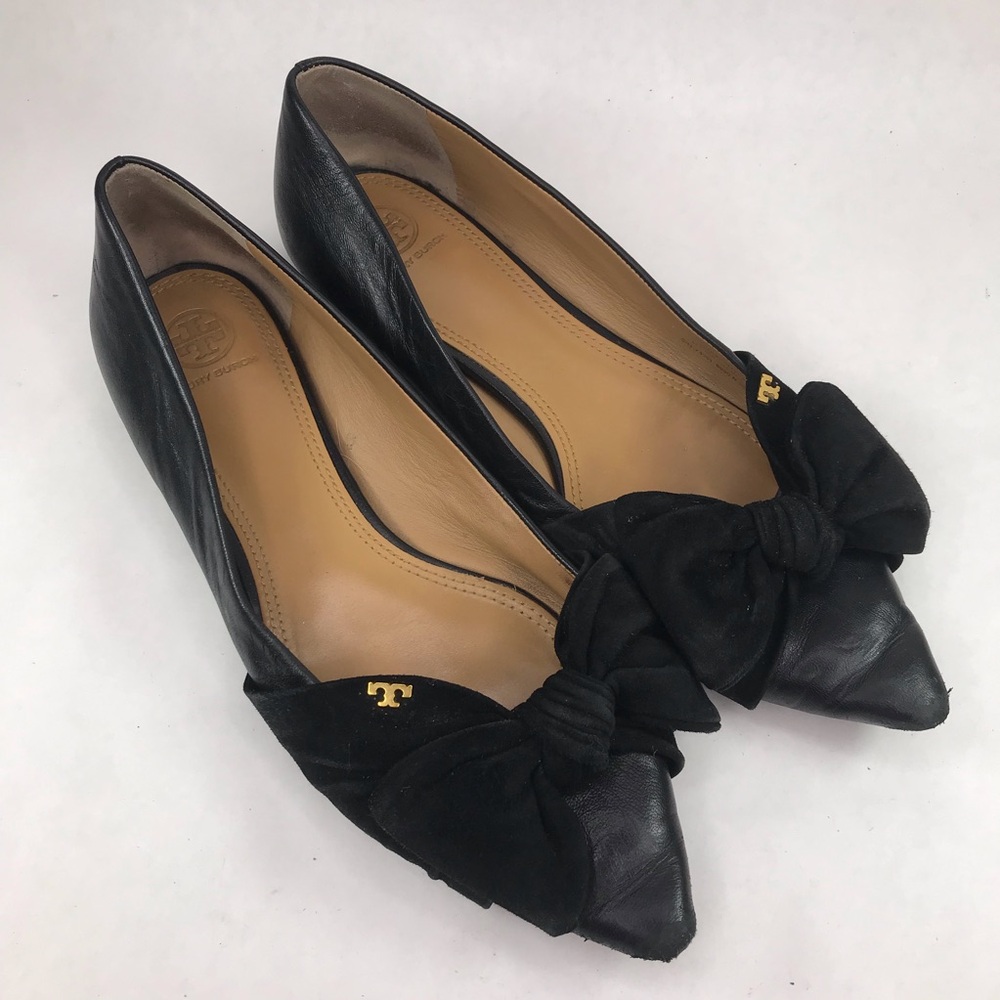 Tory Burch Women's Size 10 Eleanor Flat Black Leather Bow Pointed Toe Shoes